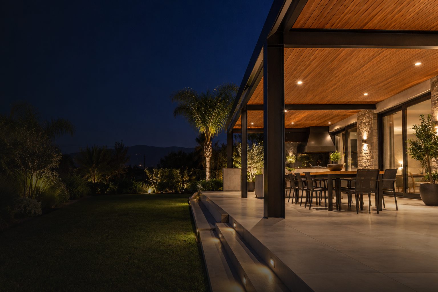 Terraza moderna de noche con pérgola de madera iluminada, comedor exterior, escalones con luces, jardín