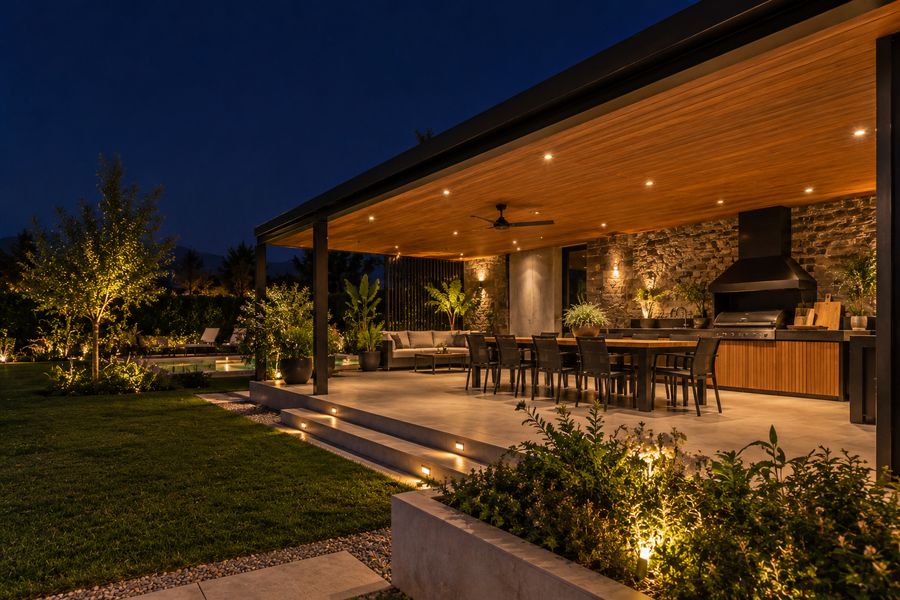Terraza con quincho techado de madera de noche
