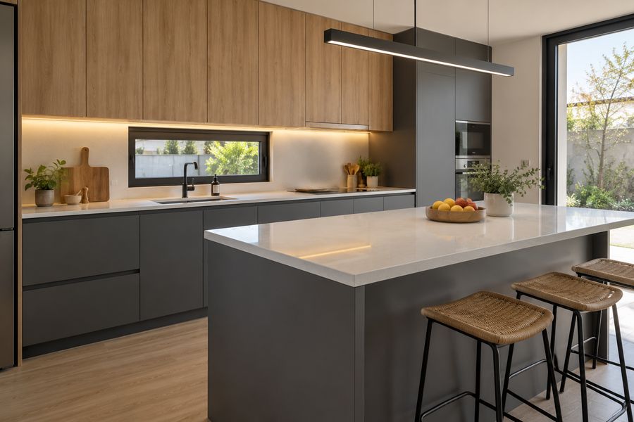 Cocina remodelada con isla y muebles de madera