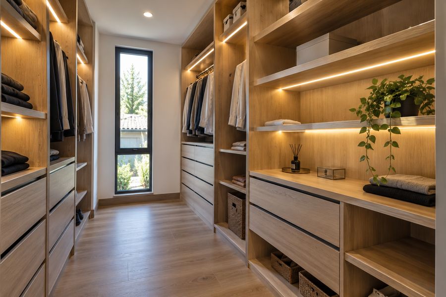 Mueble de closet y estantería de madera a medida